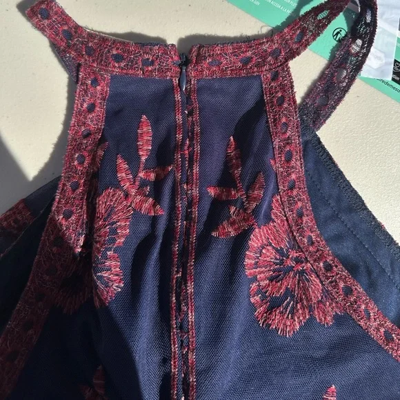 Altar’d State Navy Red Embroidered Maxi Dress Boho Floral Mesh Sleeveless Large - Picture 4 of 9
